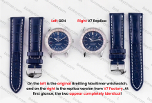 Comparison between Genuine and Fake V7 Factory Navitimer 1 Series A17326211C1P4 Genuine model features blue and white color scheme, 41mm diameter.-Bokey Time
